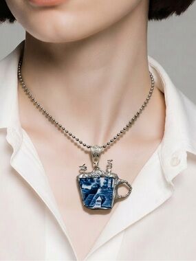 Churchill Blue Willow China Latte Pendant with Artisan  Crafted Bezel